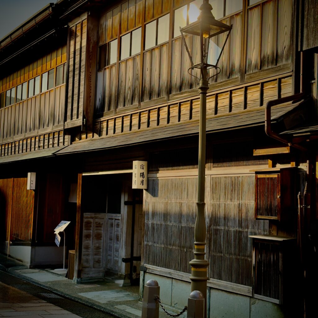 Interior of Kaikaro ochaya geisha teahouse in Higashi Chaya district, Kanazawa, with gold-leaf ceiling and lacquered décor