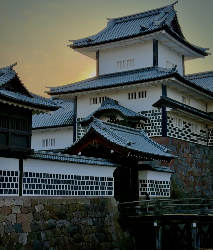 Kanazawa Castle illuminated at sunset, Ishikawa Prefecture, Japan