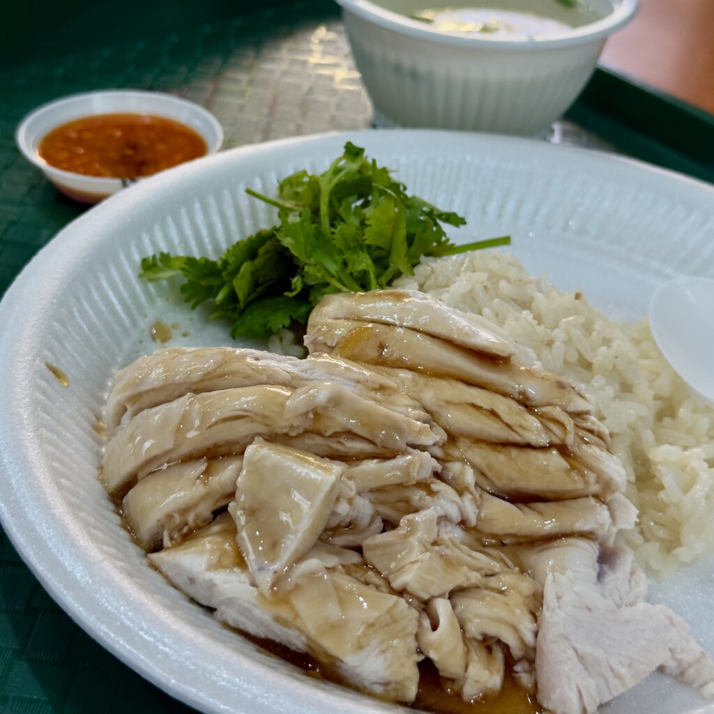 Plate of Hainanese chicken rice from Ah Tai, stall #01-07 at Maxwell Food Centre Singapore