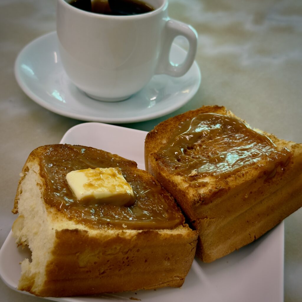 Handmade kaya toast at YY Kafei Dian, old-school Hainanese kopitiam on Beach Road Singapore